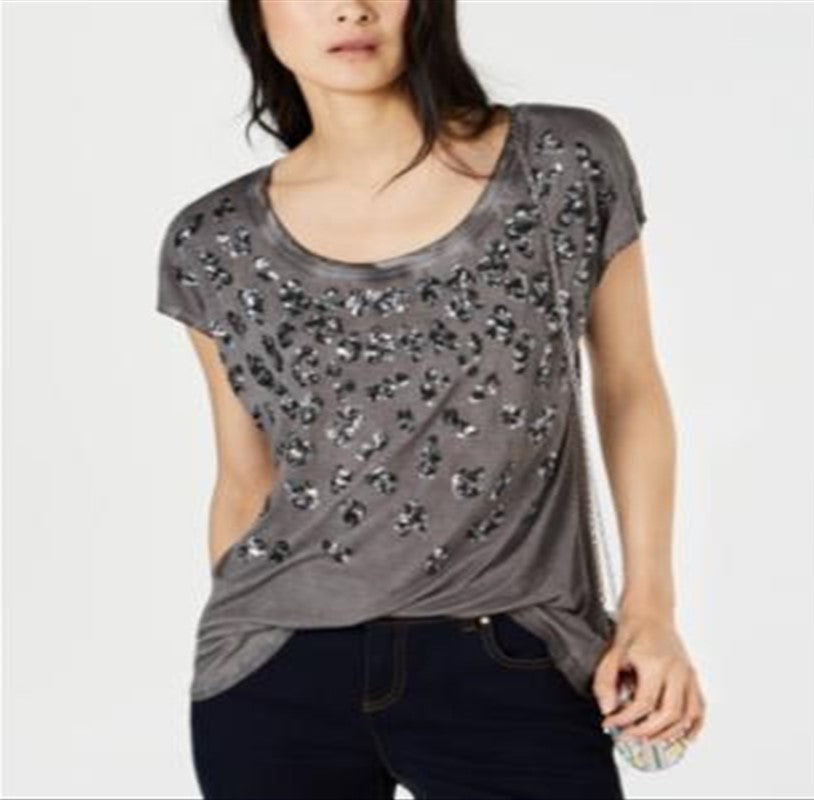 INC International Concepts Women's Sequined Animal Print Pullover Top Gray Size X-Small