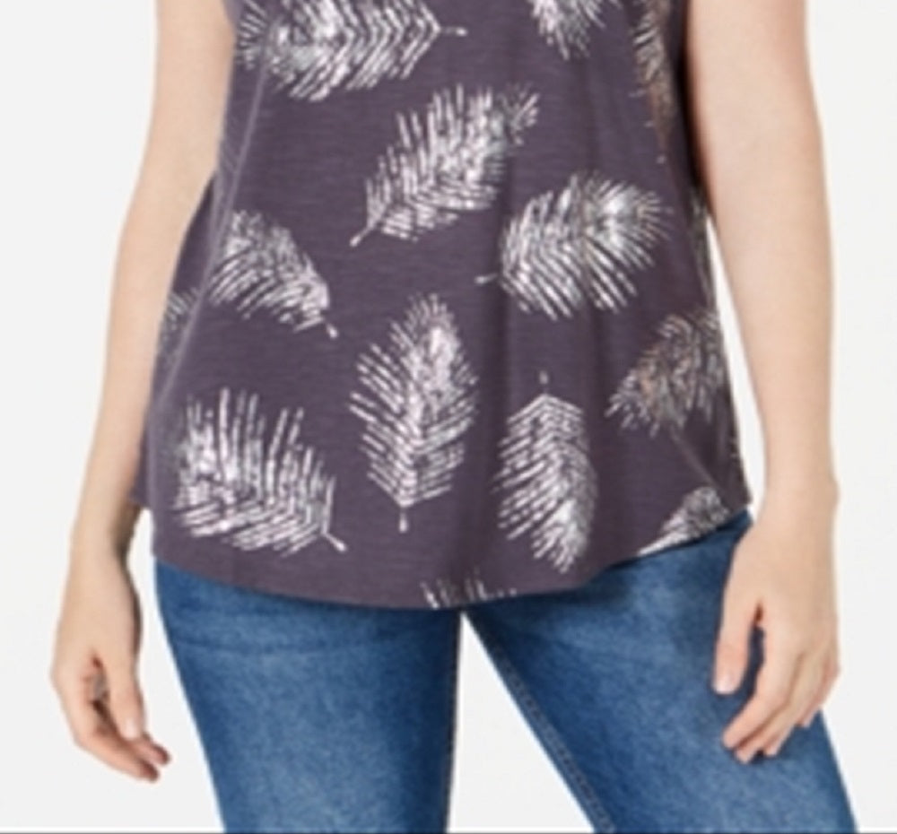 Style & Co Women's Leaf Print Scoop Neck Top Gray Size X-Large