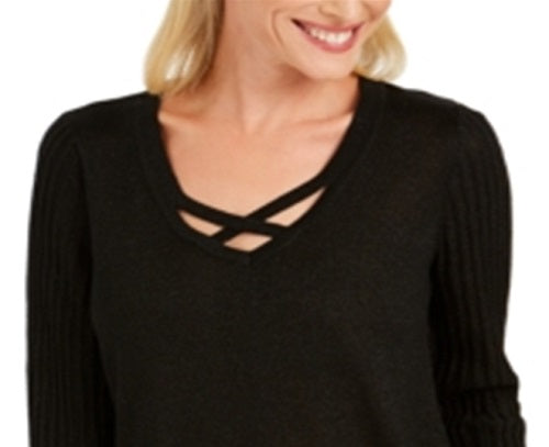 JM Collection Women's Shimmer Lattice Blouse Black Size X-Large