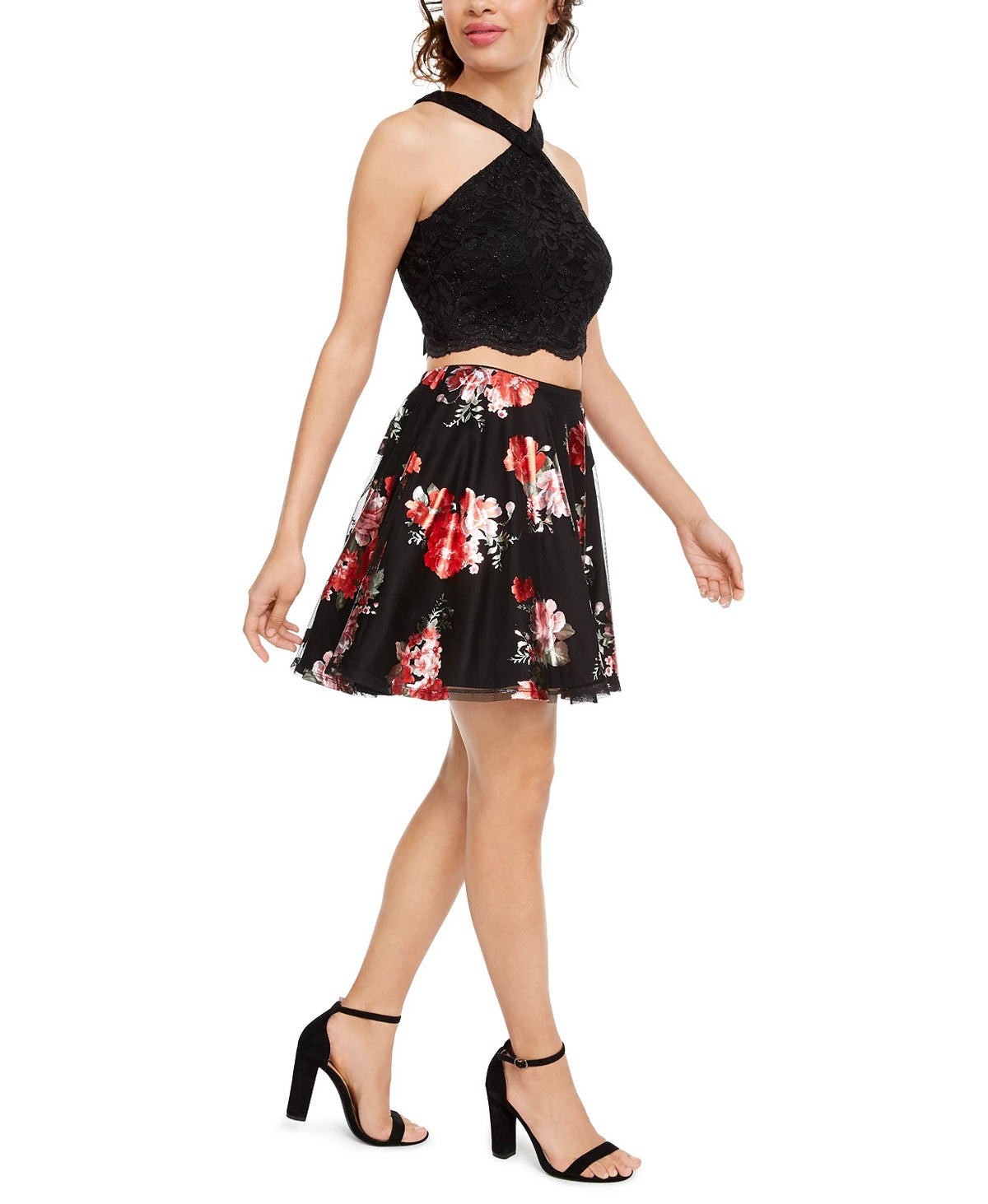 City Studios Juniors' 2-Pc. Glitter Lace & Floral-Print Dress Red Size 3