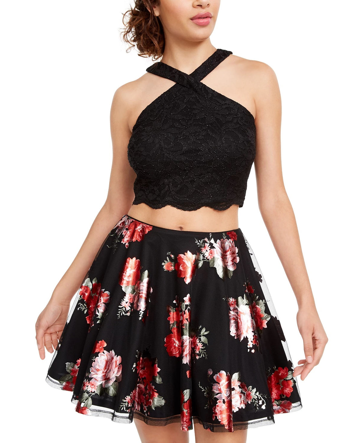 City Studios Juniors' 2-Pc. Glitter Lace & Floral-Print Dress Red Size 15