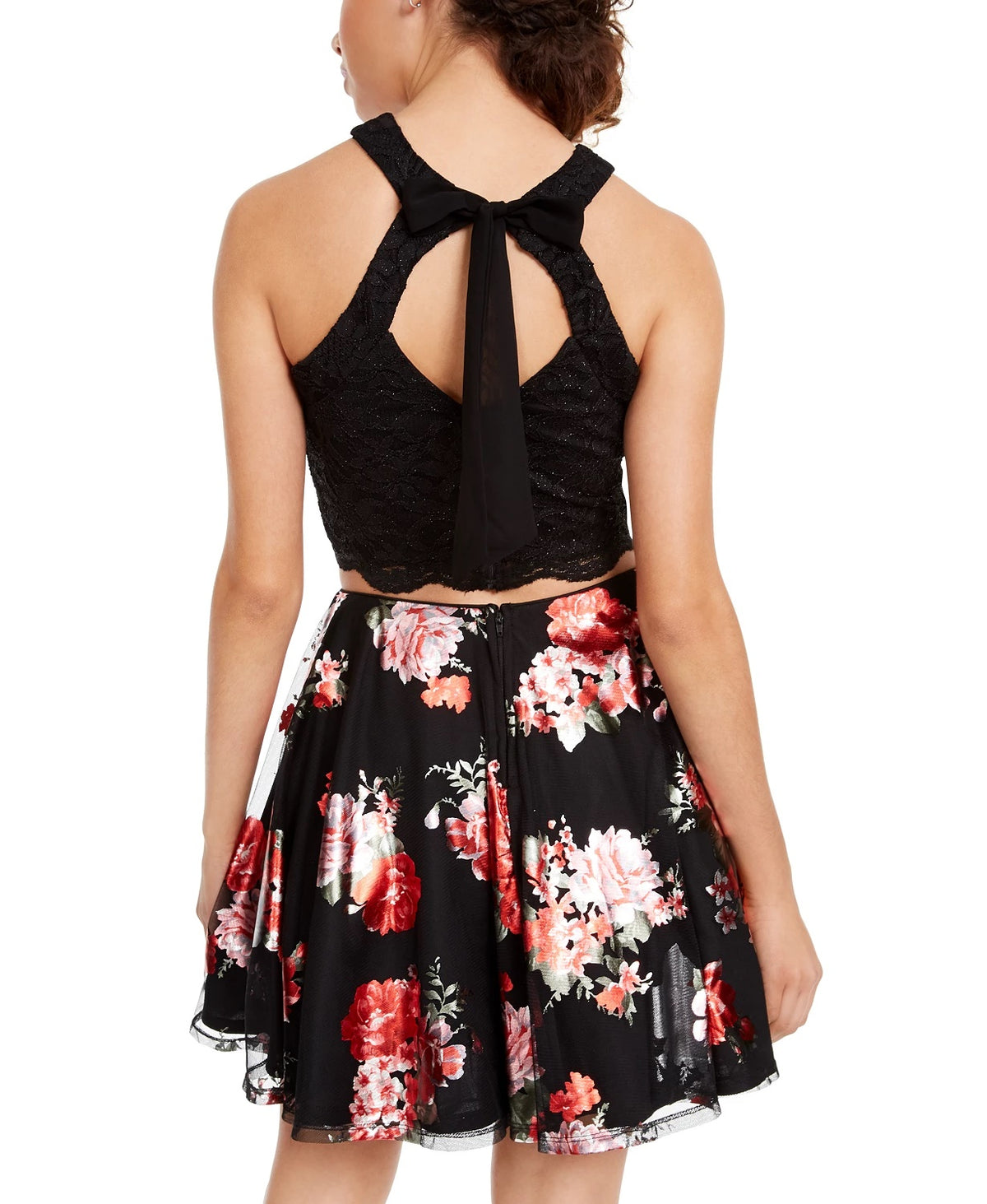 City Studios Juniors' 2-Pc. Glitter Lace & Floral-Print Dress Red Size 15