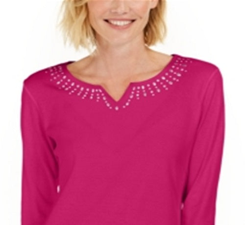 Karen Scott Women's Cotton Studded Split Neck Top Pink Size Small