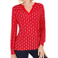 Charter Club Women's Printed Split-Neck Top  Medium Red Size Medium