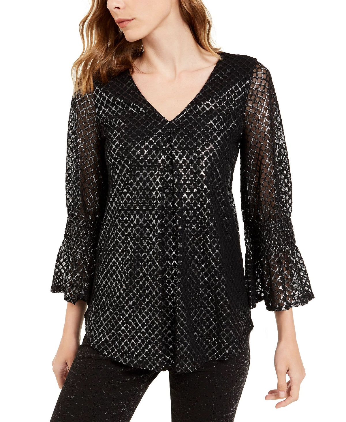 Alfani Women's Petite Metallic-Print Smocked-Sleeve Top Gray Size Petite Small