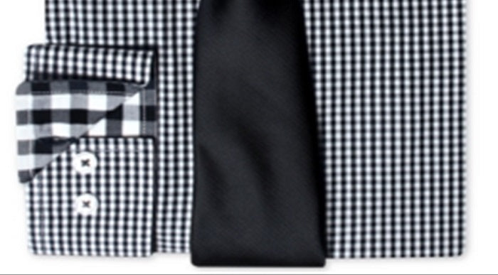 Nick Graham Men's Modern Fitted Gingham Dress Shirt & Dot Tie Set Black Size XX-Large