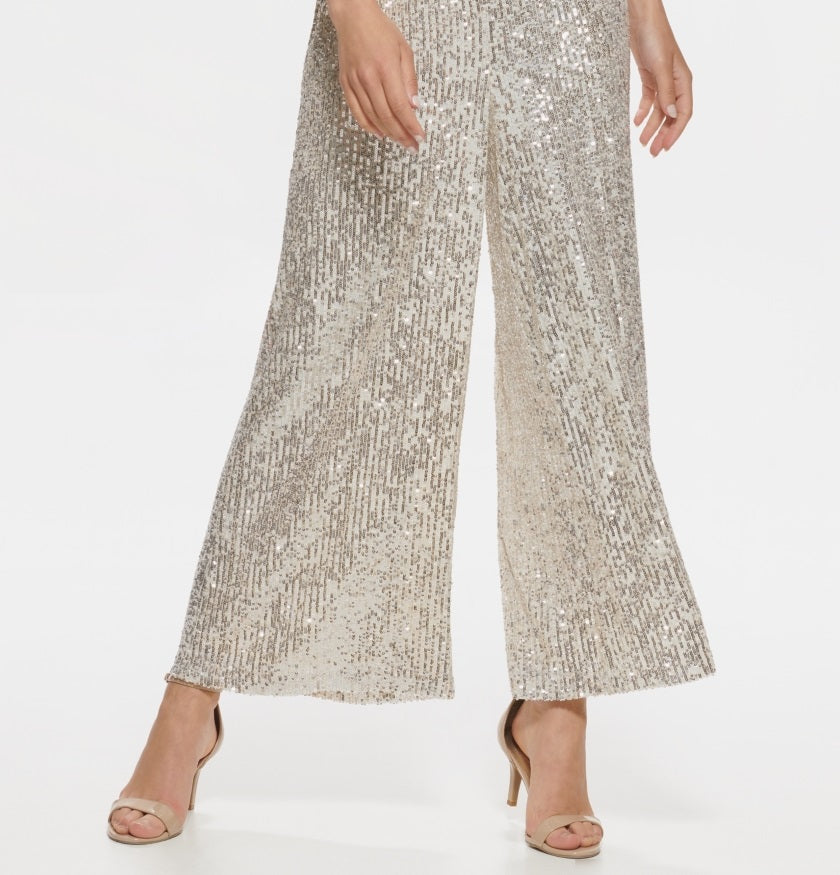 Eliza J Women's Sequined Flutter Sleeve Jumpsuit Beige Size Petite