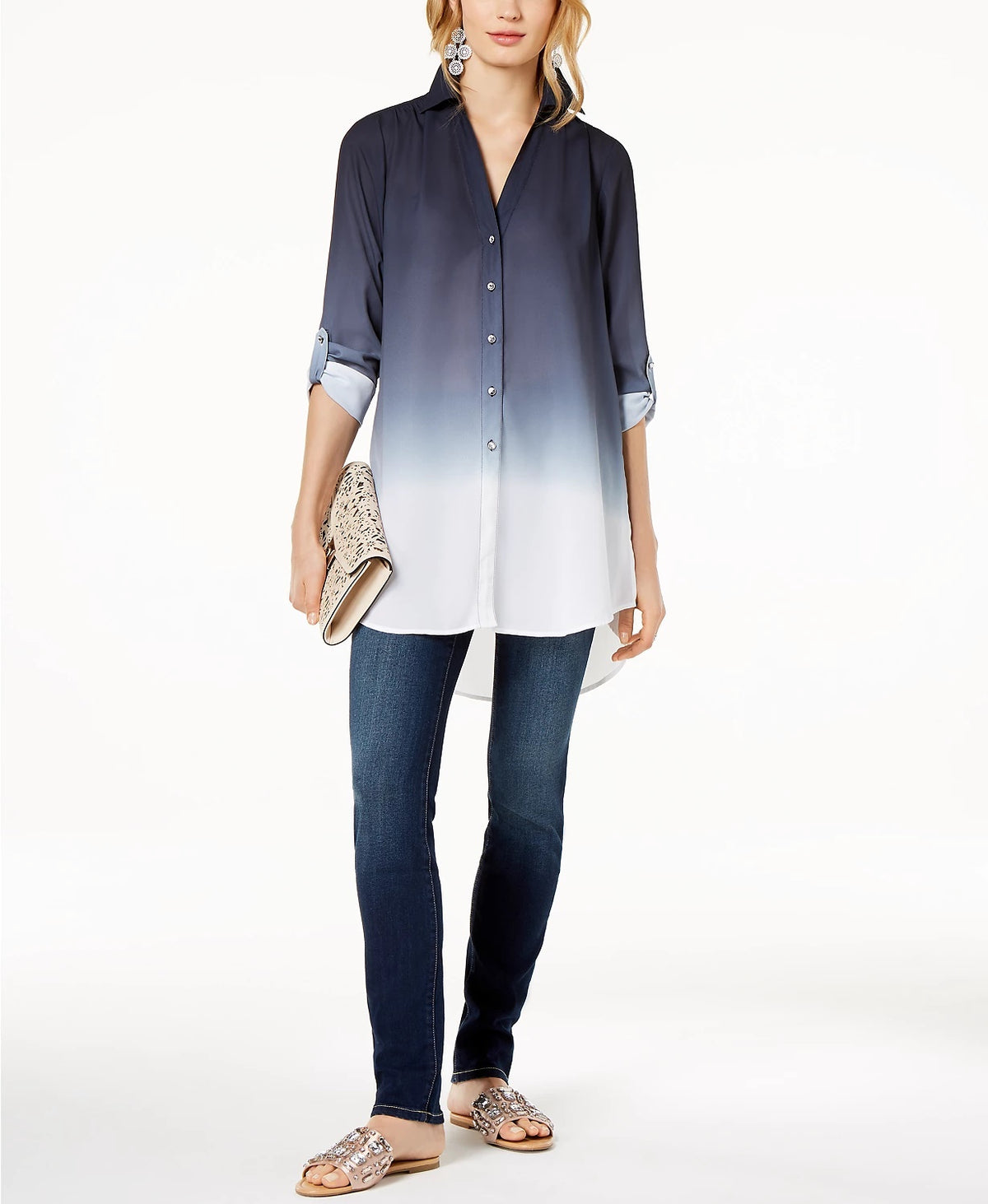 INC International Concepts Women's Dip Dyed Button Front Tunic Navy Size Medium