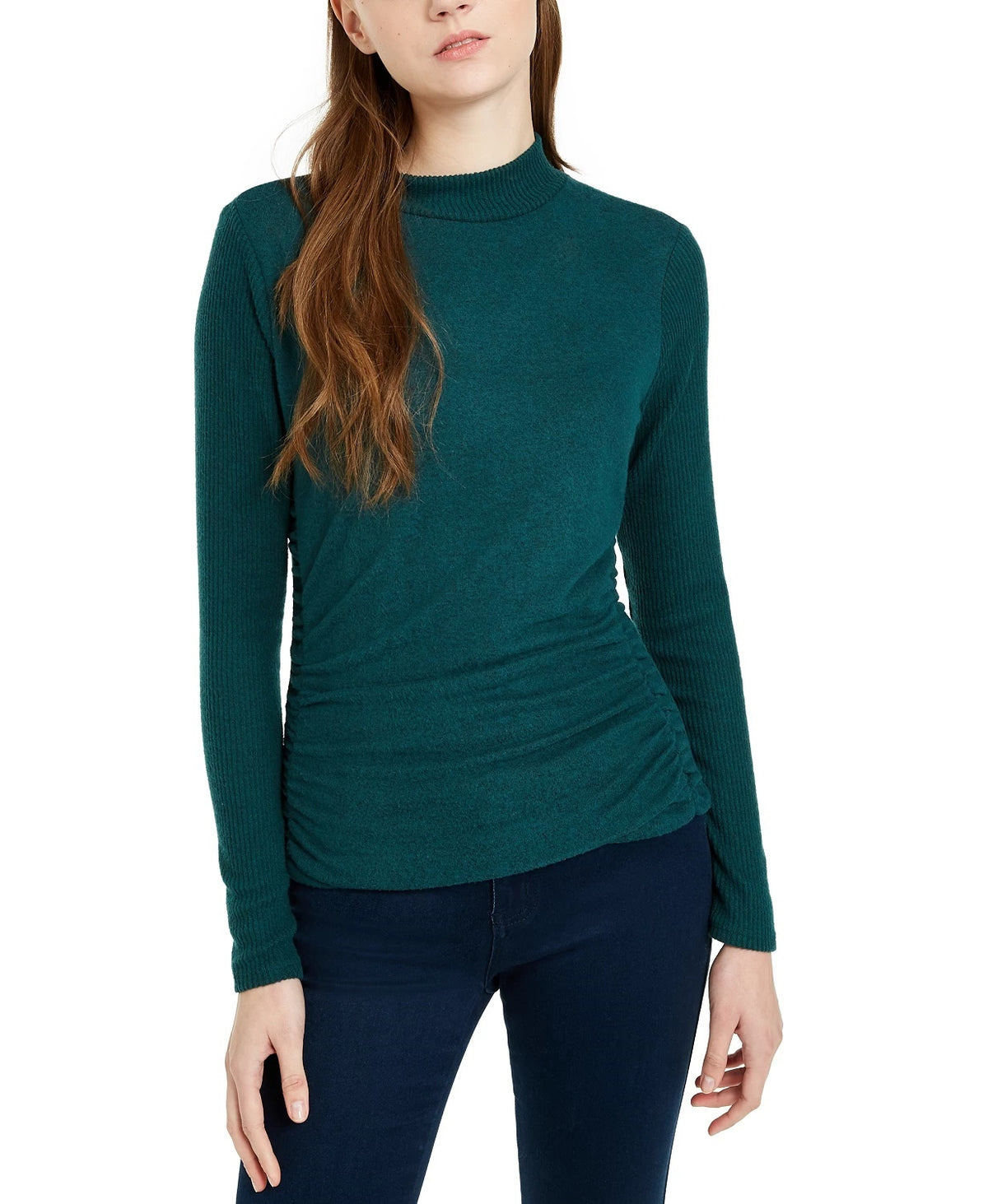 BCX Juniors' Textured Side-Ruched Mock-Neck Sweater Dark Green Size X-Small
