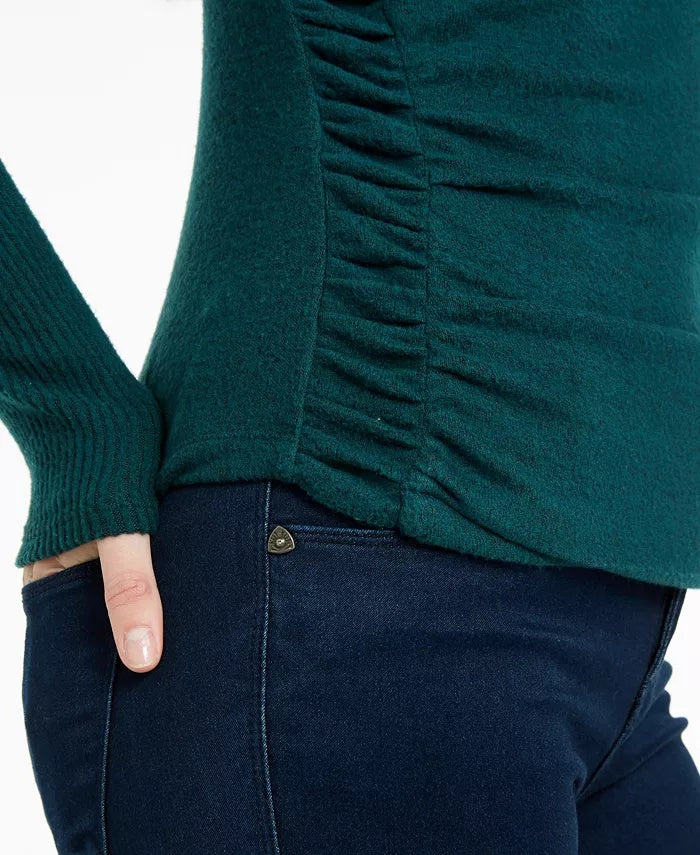 BCX Juniors' Textured Side-Ruched Mock-Neck Sweater Dark Green Size X-Small