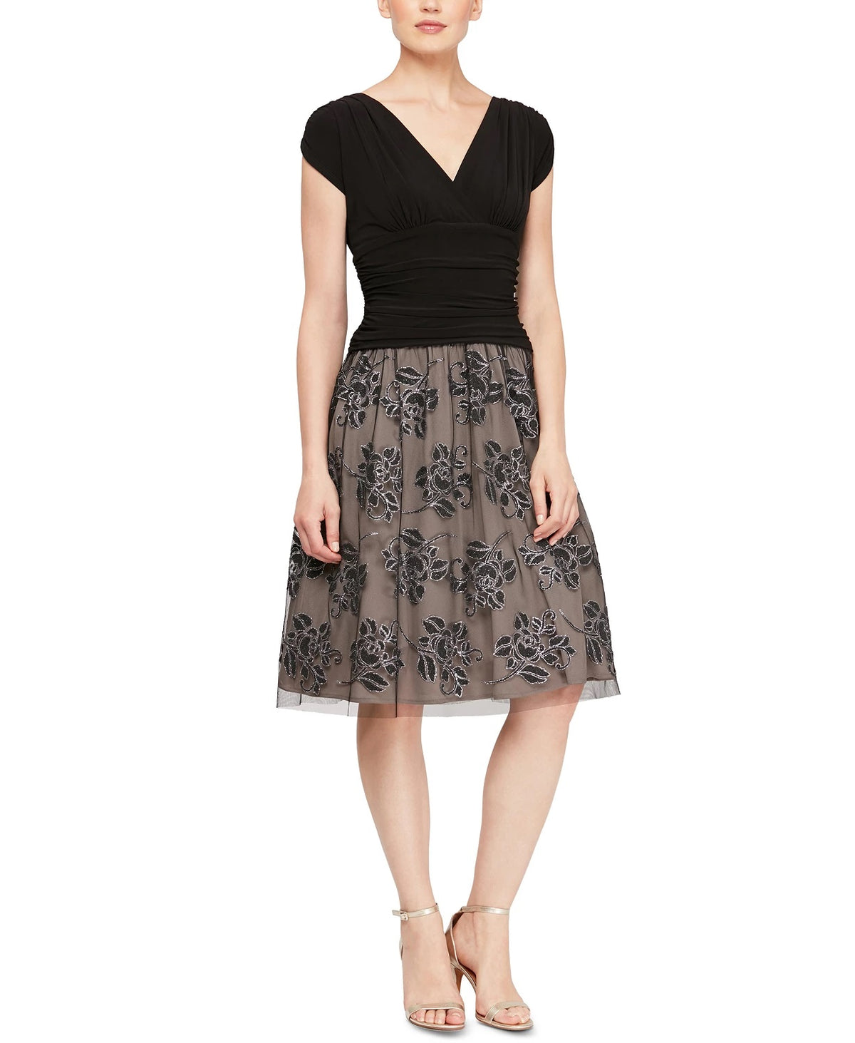 SL Fashions Women's Embellished Floral Print A Line Dress Charcoal Size 14