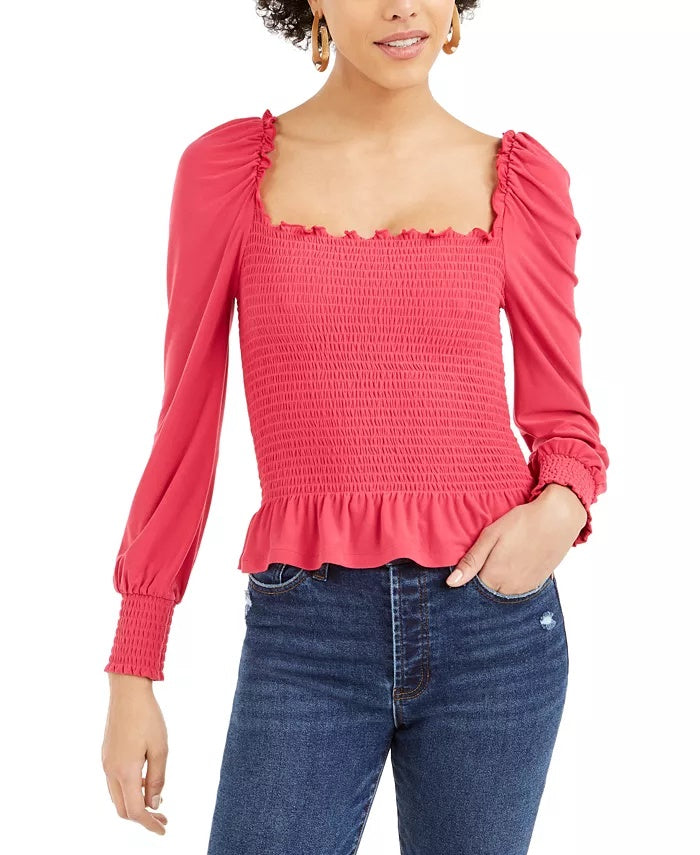 Bar III Women's Smocked Square Neck Top Red Size XX-Large