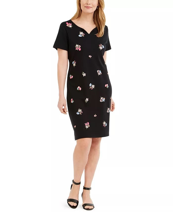 Karen Scott Women's Embroidered Split Neck Dress Black Size Medium