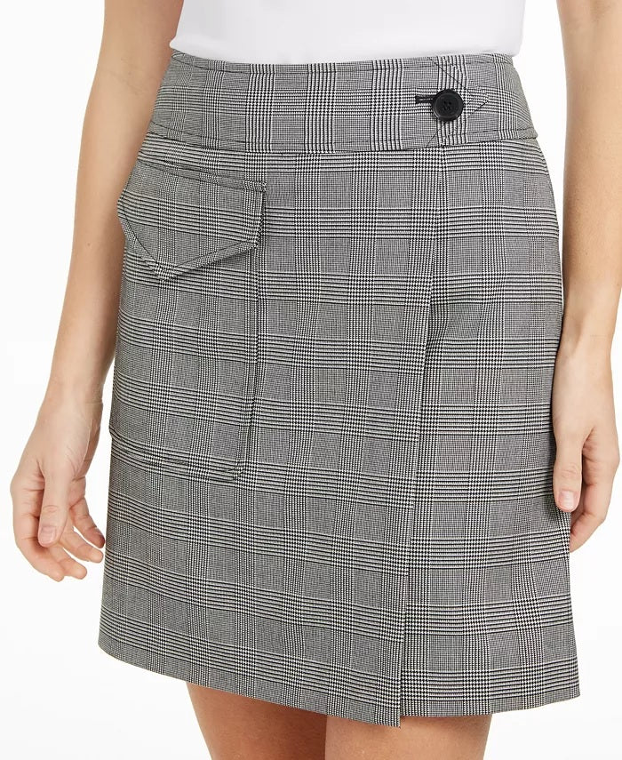 Calvin Klein Women's X-Fit Slim Fit Plaid Faux Wrap Skirt Charcoal Size 2